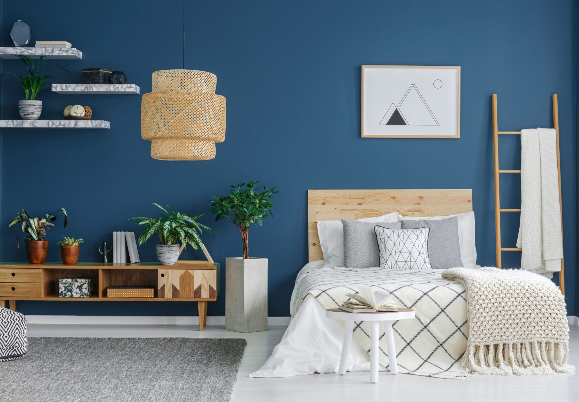 Cozy bedroom with a cool color palette design