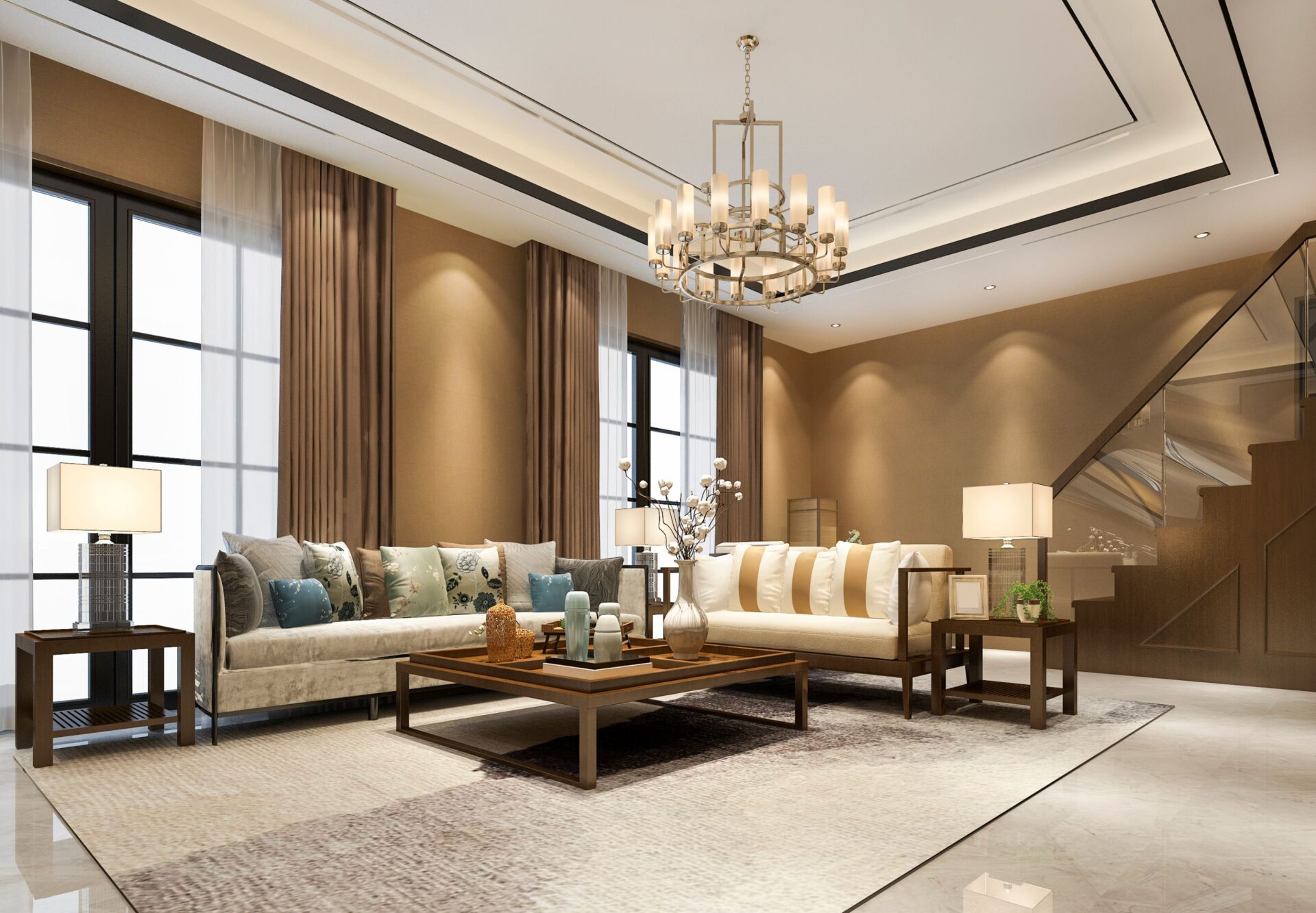 Luxurious living room with a warm color palette design